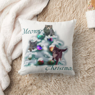 Meowy Christmas Throw Pillow