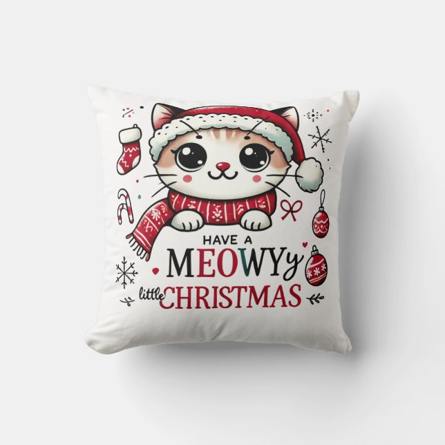 Meowy Christmas Throw Pillow (Front)