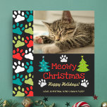 Meowy Christmas Tree Doodle Paw Print Cat Photo Holiday Card<br><div class="desc">Cute cat photo Christmas card features a photo of your cat and a "Meowy Christmas" greeting framed by Christmas tree doodles and cat paw prints. Reverse side is a charcoal background with cat paw prints in white, red, green and teal. Personalize it with a favorite photo of your cat, and...</div>