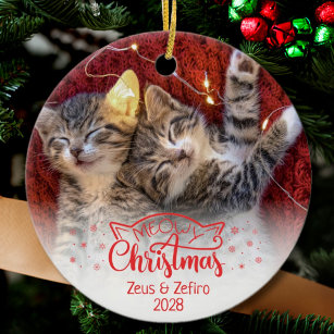 Meowy Christmas two pictures fun cat lover Ceramic Ornament