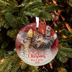 Meowy Christmas two pictures fun cat lover Glass Ornament