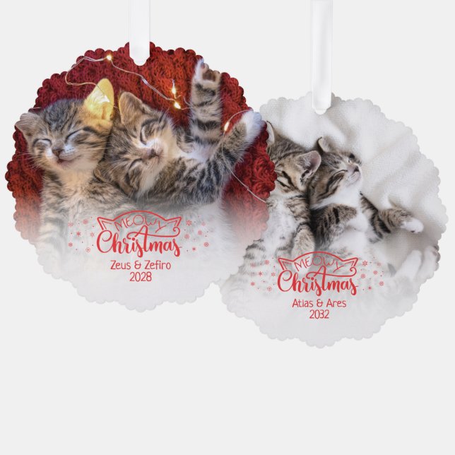 Meowy Christmas two pictures fun cat lover Ornament Card (Front/Back)
