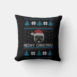 Meowy Christmas Ugly Sweater Throw Pillow
