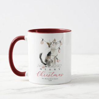 Meowy Christmas Watercolor Cat Lights Custom Name Mug