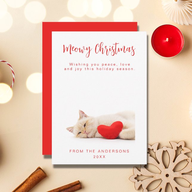 Meowy Christmas White Funny Cat Photo Holiday Card (Creator Uploaded)