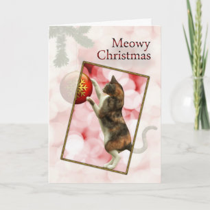 Meowy Christmas with a playful cat. Holiday Card