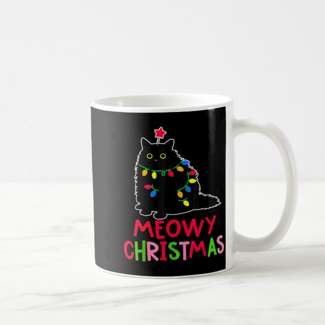 Meowy Christmas Xmas Lights Black Cat Pajamas Fami Coffee Mug (Right)