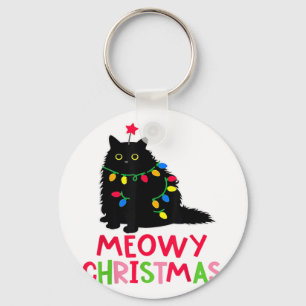 Meowy Christmas Xmas Lights Black Cat Pajamas Fami Keychain