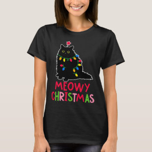 Meowy Christmas Xmas Lights Black Cat Pajamas Fami T-Shirt