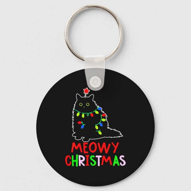 Meowy Christmas Xmas Lights Black Cat Pajamas  Keychain (Front)
