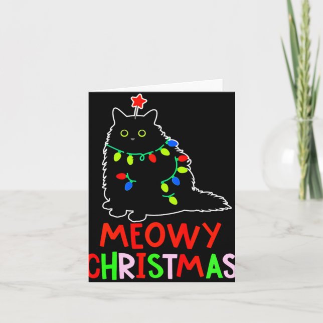 Meowy Christmas Xmas Lights Black Cat Pajamas Todd Card (Front)