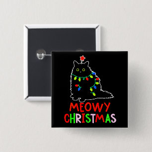 Meowy Christmas Xmas Lights Black Cat Pyjamas 2 Inch Square Button