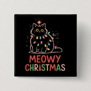 Meowy Christmas Xmas Lights Black Cat Pyjamas 2 Inch Square Button
