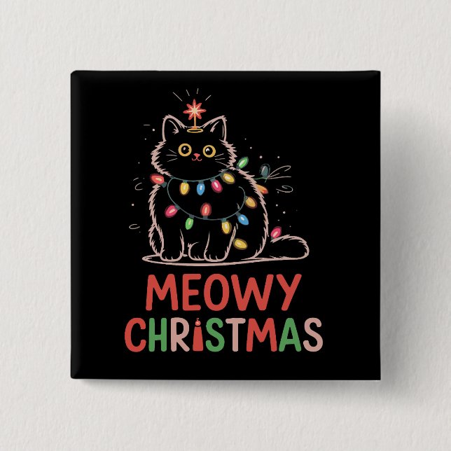Meowy Christmas Xmas Lights Black Cat Pyjamas  2 Inch Square Button (Front)