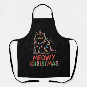 Meowy Christmas Xmas Lights Black Cat Pyjamas  Apron