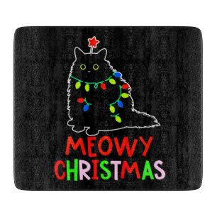 Meowy Christmas Xmas Lights Black Cat Pyjamas Cutting Board