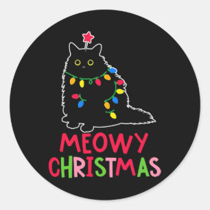 Meowy Christmas Xmas Lights Black Cat Pyjamas Fami Classic Round Sticker