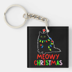Meowy Christmas Xmas Lights Black Cat Pyjamas  Keychain