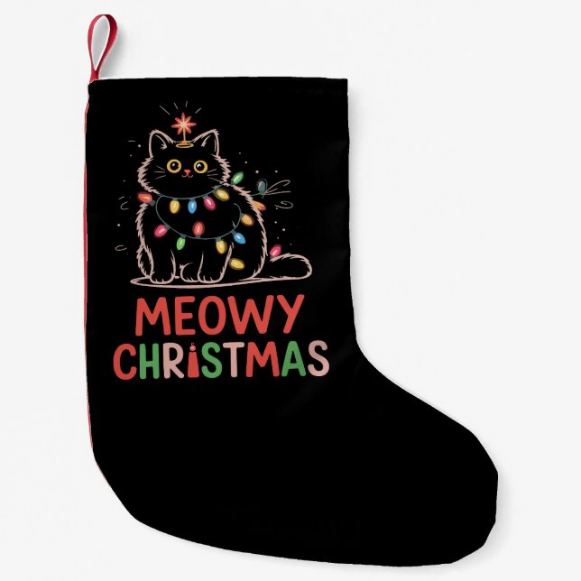Meowy Christmas Xmas Lights Black Cat Pyjamas  Small Christmas Stocking (Front)