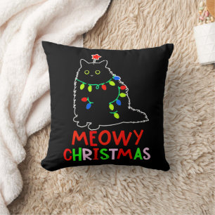 Meowy Christmas Xmas Lights Black Cat Pyjamas  Throw Pillow