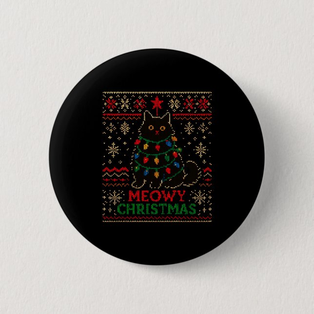 Meowy Christmas Xmas Lights Cat Ugly Sweater Pajam 2 Inch Round Button (Front)