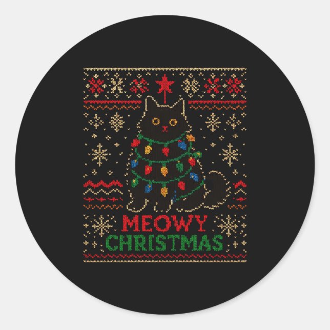 Meowy Christmas Xmas Lights Cat Ugly Sweater Pajam Classic Round Sticker (Front)