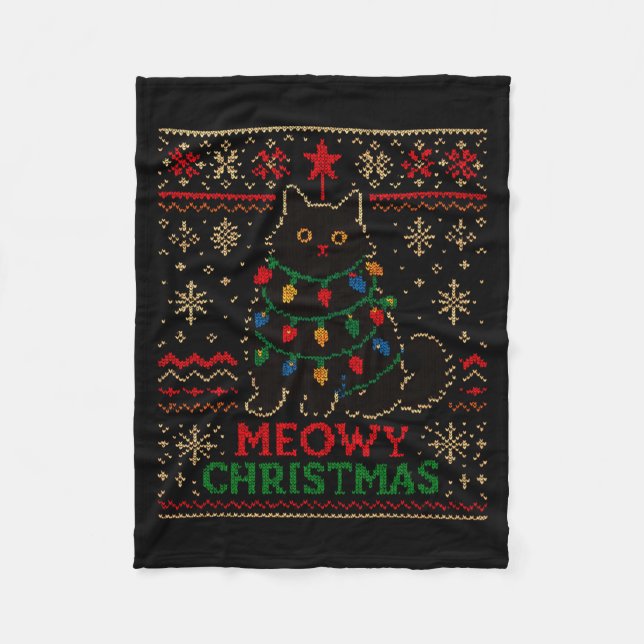 Meowy Christmas Xmas Lights Cat Ugly Sweater Pajam Fleece Blanket (Front)