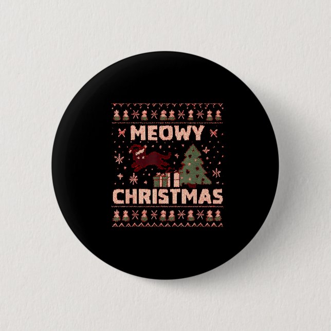 Meowy Christmas Xmas Tree Cat Ugly Sweater Pajamas 2 Inch Round Button (Front)