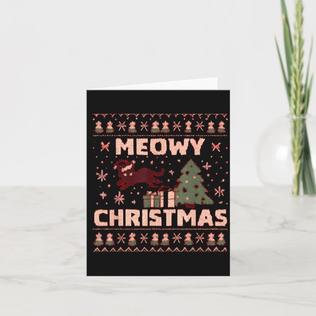 Meowy Christmas Xmas Tree Cat Ugly Sweater Pajamas Card (Front)
