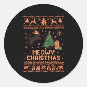 Meowy Christmas Xmas Tree Cat Ugly Sweater Pajamas Classic Round Sticker