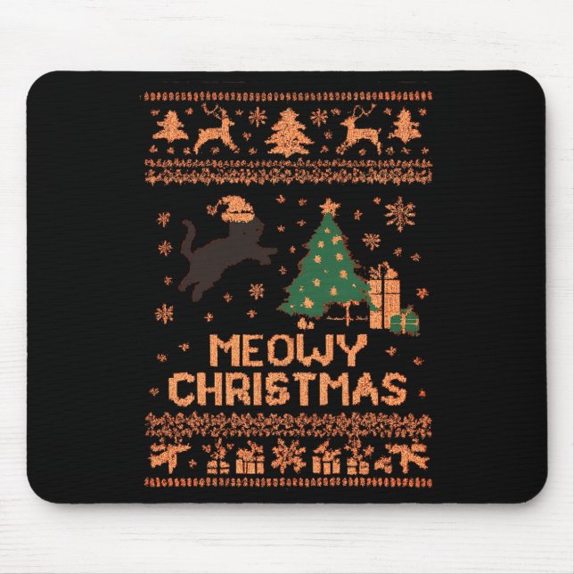 Meowy Christmas Xmas Tree Cat Ugly Sweater Pajamas Mouse Pad (Front)