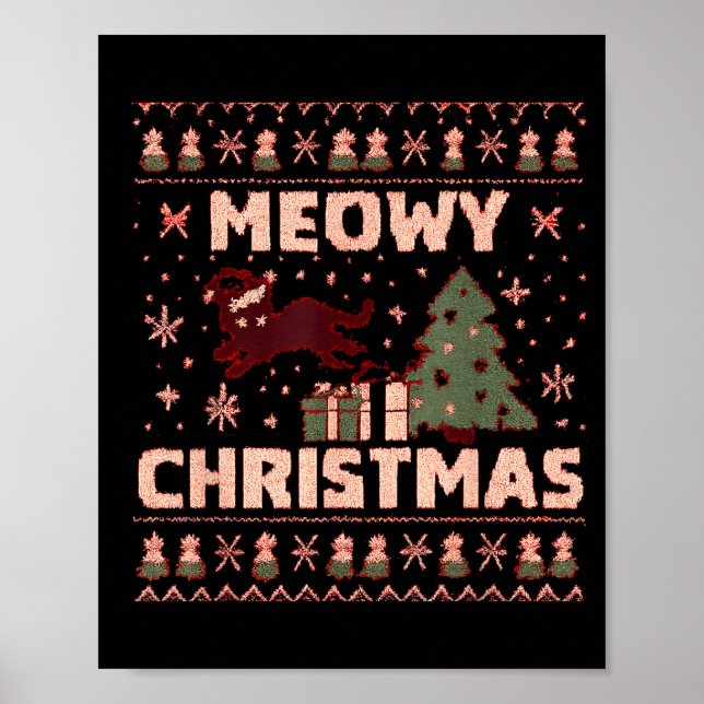 Meowy Christmas Xmas Tree Cat Ugly Sweater Pajamas Poster (Front)