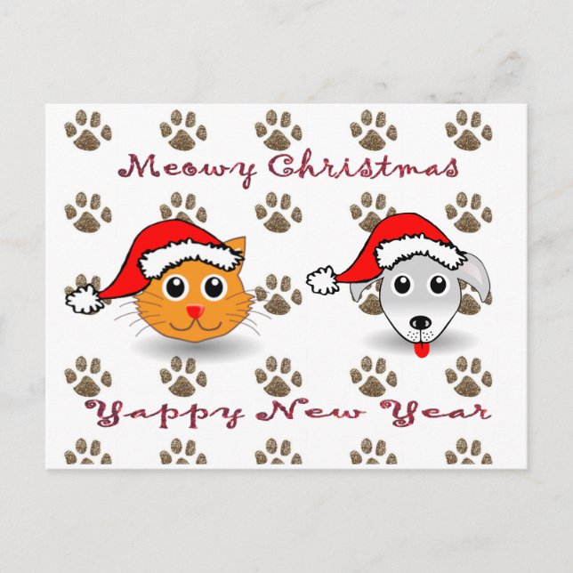 Meowy Christmas Yappy New Year Postcard (Front)