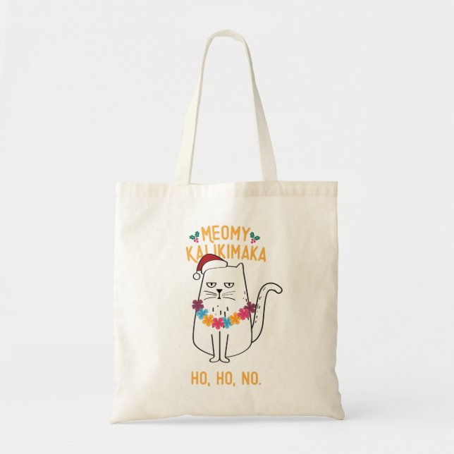 Meowy Kalikimaka Funny Cat Santa Hat Christmas Tote Bag (Front)