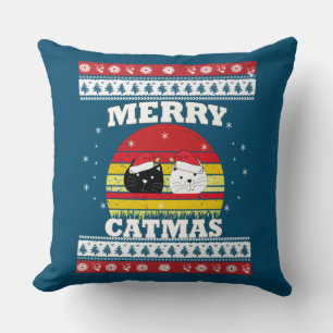Meowy Merry Catmas Ugly Christmas Sweater Throw Pillow