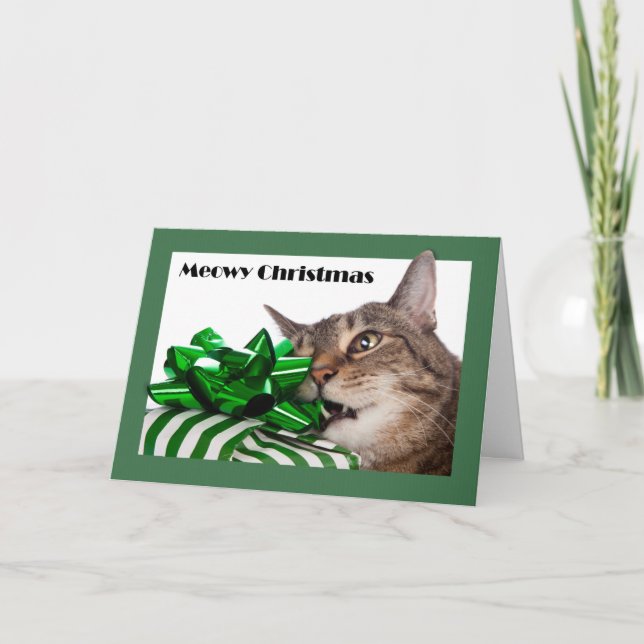 Meowy (Merry) Christmas Cute Cat With Present Holiday Card (Front)