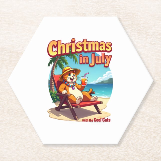 Meowy Xmas Summer Christmas In July Chillin Cool C Paper Coaster (Front)