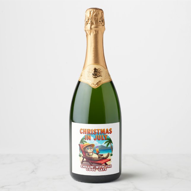 Meowy Xmas Summer Christmas In July Chillin Cool C Sparkling Wine Label (Front)