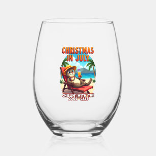 Meowy Xmas Summer Christmas In July Chillin Cool C Stemless Wine Glass