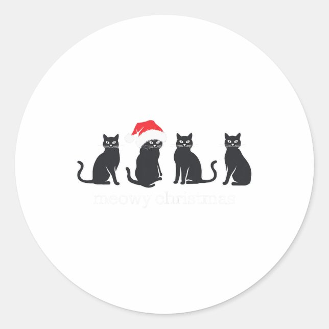Meowys Christmas Black Cat Santa Hats Present Anim Classic Round Sticker (Front)