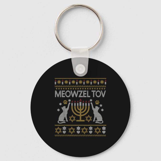 Meowzel Tov Cat Hanukkah 2025 Funny Ugly Christmas Keychain (Front)