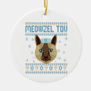 Meowzel Tov Cat Mazel Ugly Hanukkah Sweater Gift Ceramic Ornament