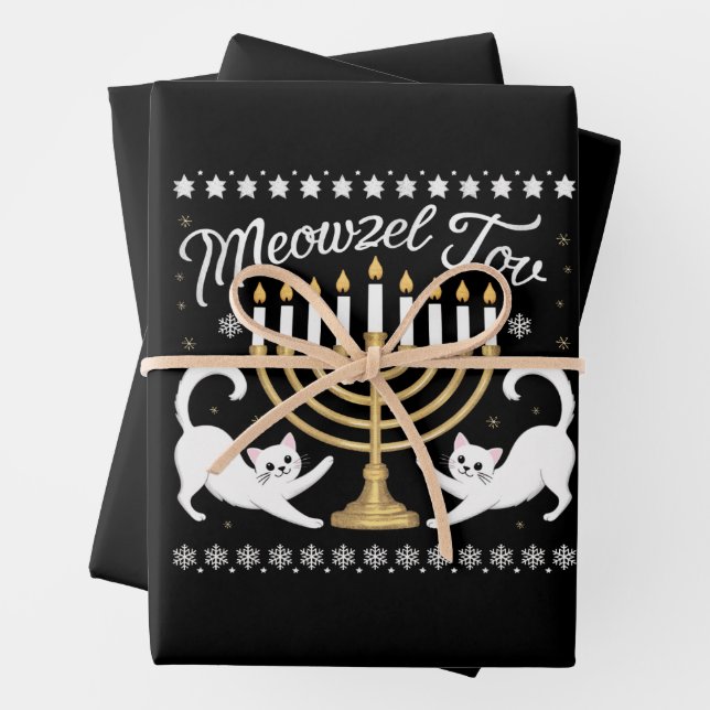 Meowzel Tov Funny Chanukah Hanukkah Ugly Sweater Wrapping Paper Sheet (In situ)
