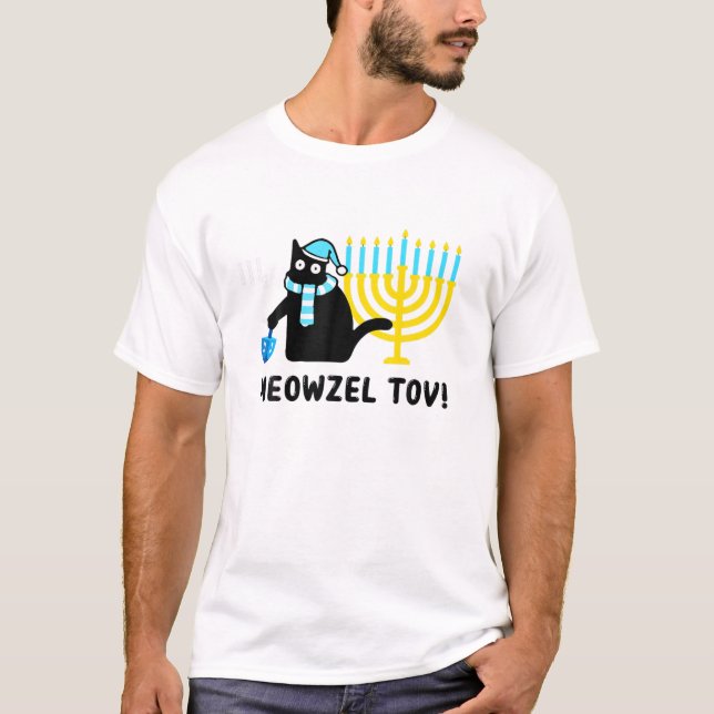 Meowzel Tov Funny Hanukkah Black Cat Funny Jewish T-Shirt (Front)