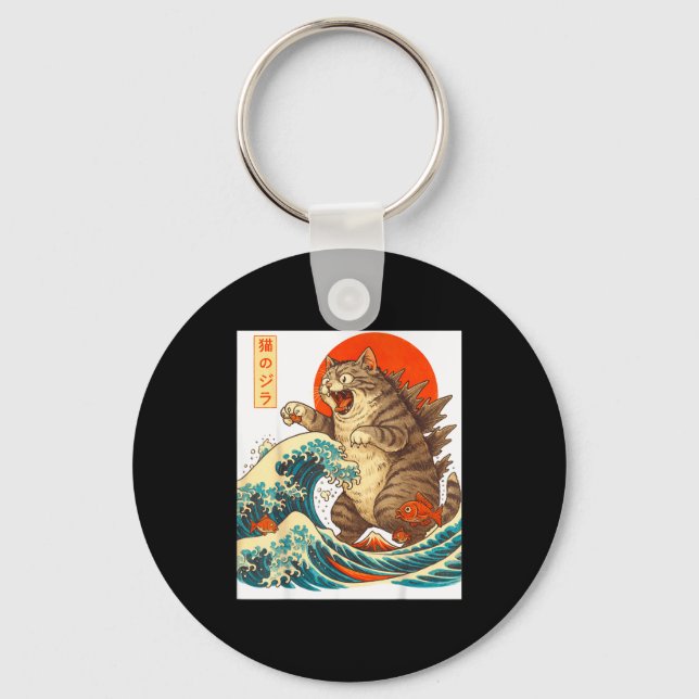 Meowzilla Catzilla Cat Japanese Art Funny For Men  Keychain (Front)