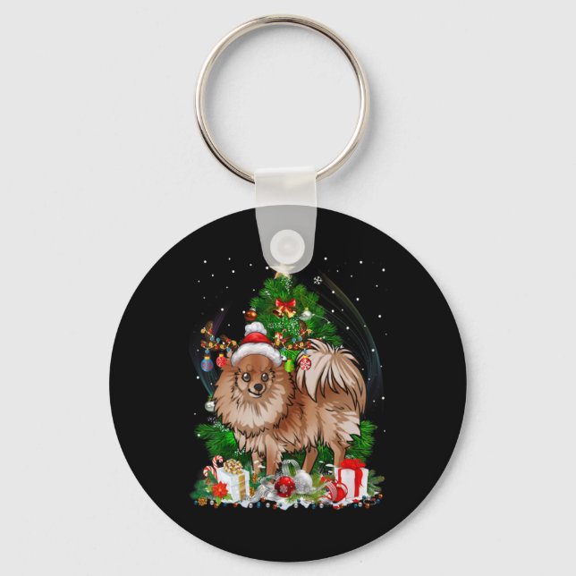Meranian Christmas Tree Light Pajama Dog Xmas T Sh Keychain (Front)