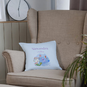 Mercat cat mermaid light blue nursery custom name throw pillow
