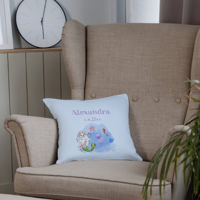 Mercat cat mermaid light blue nursery custom name throw pillow (Creator Uploaded)