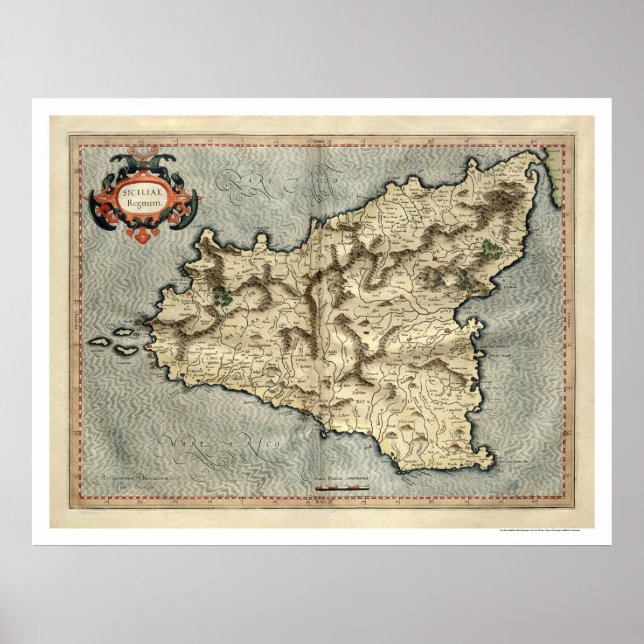 Mercator Sicily Early Map 1595 Poster (Front)