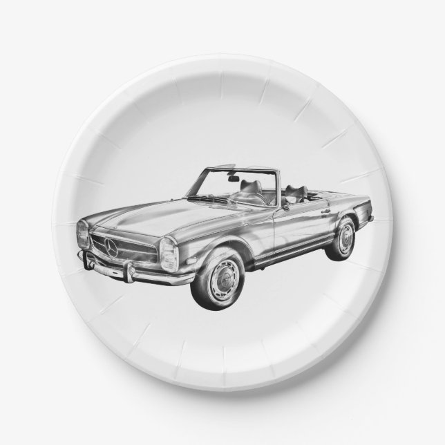 Mercedes Benz 280 SL Convertible Car Illustration Paper Plate (Front)